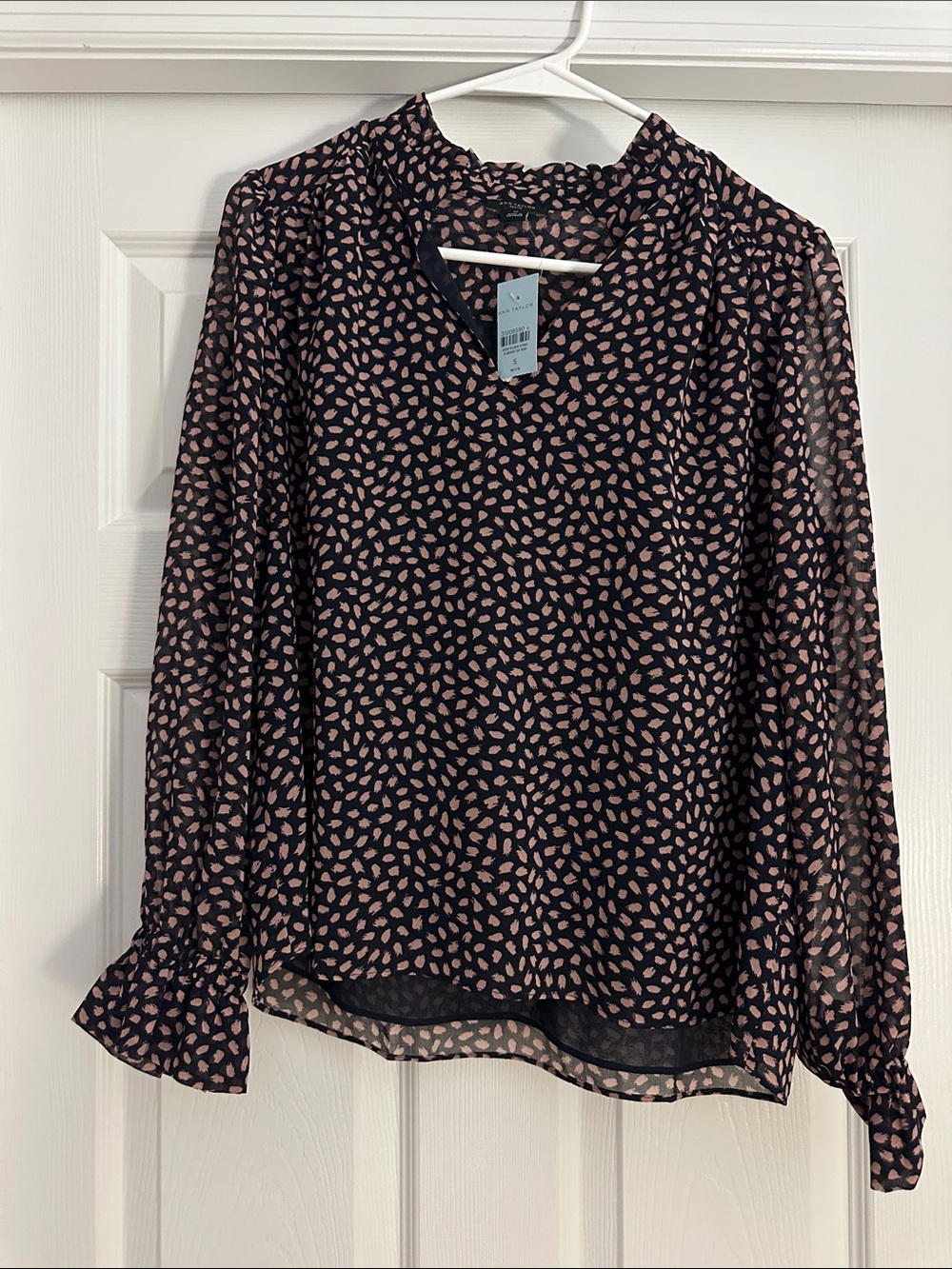 Ann Taylor Black Blouse with Blush Pink Dot Print